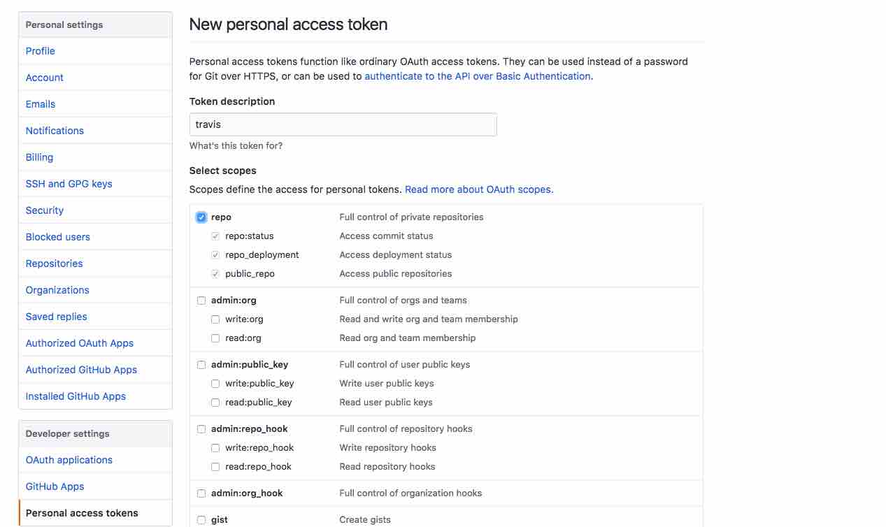 Generating a GitHub access token for Travis CI
